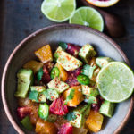 Avocado Salad with oranges ( or blood oranges!), cilantro, jalapeno & lime- a simple delicious Mexican-inspired salad that is Vegan and EASY! #avocadosalad #bloodorangesalad #vegansalad