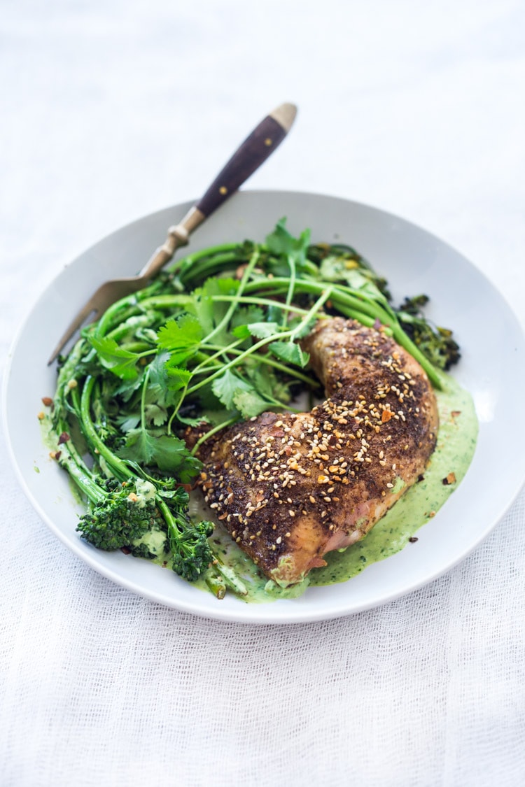 Zaatar Chicken (or Tofu) with Green Tahini Sauce and Broccolini - a simple flavorful Middle Eastern sheet-pan dinner that is vegan adaptable and gluten free.