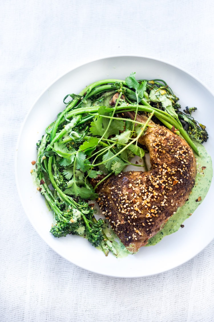 Zaatar Chicken with Green Tahini Sauce and Broccolini - a simple flavorful Middle Eastern sheet-pan dinner that is vegan adaptable and gluten free.