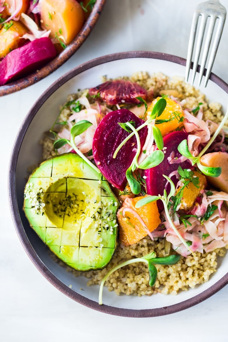 Beet Orange and Fennel Salad- an energizing salad that can be repurposed into grain bowls for mid week lunches. Vegan and Gluten free | www.feastingathome #beets #fennel #oranges #bloodoranges