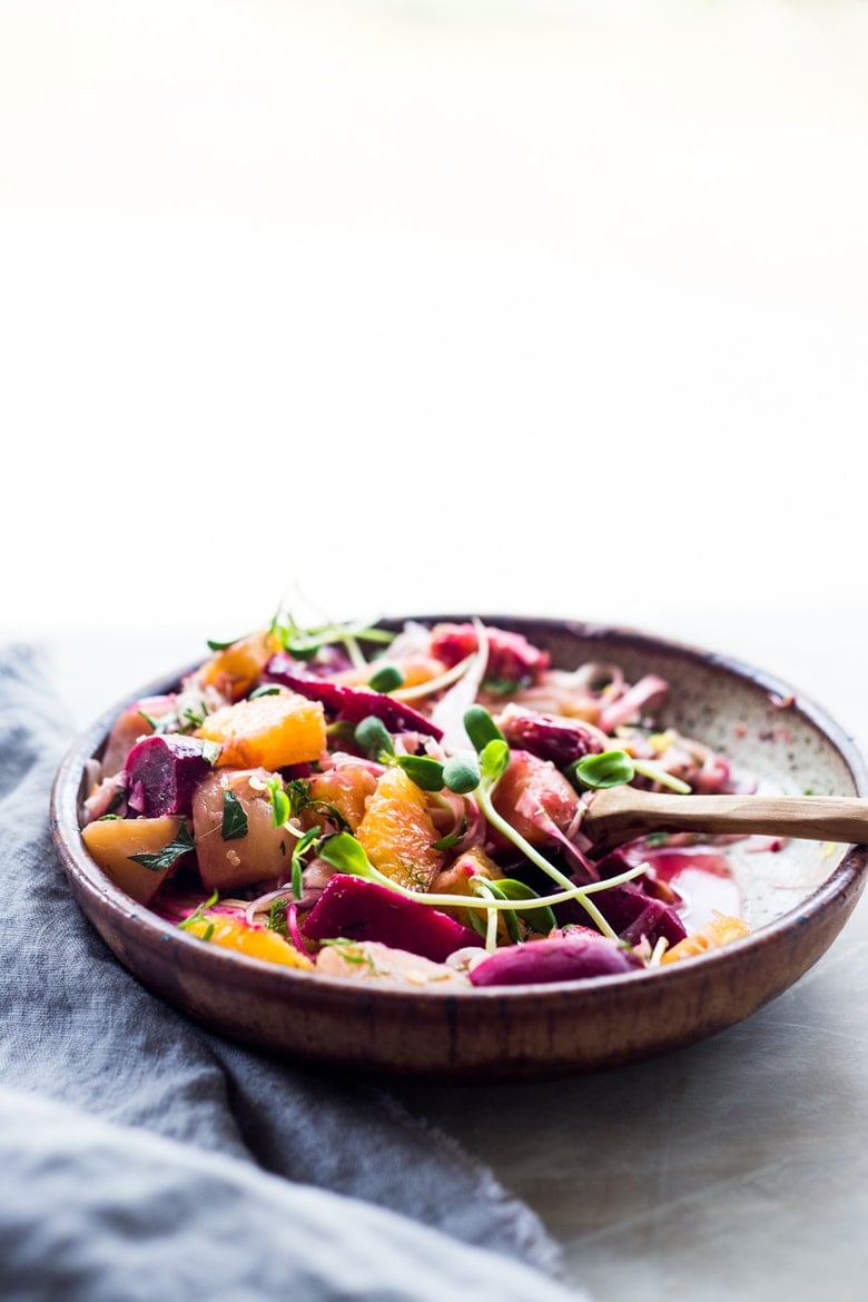 Beet Orange and Fennel Salad- an energizing salad that can be repurposed into grain bowls for mid week lunches. Vegan and Gluten free | www.feastingathome #beets #fennel #oranges #bloodoranges