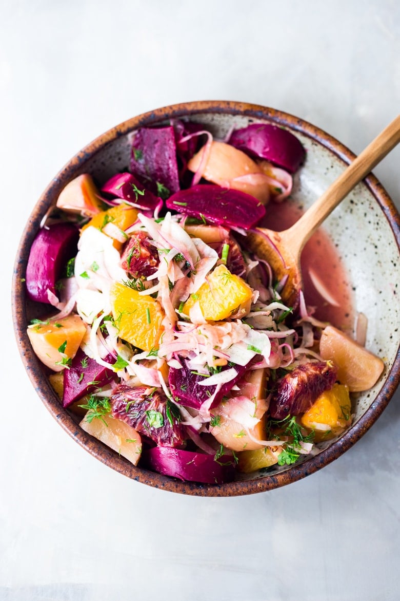 Beet Orange and Fennel Salad- an energizing salad that can be repurposed into grain bowls for mid week lunches. Vegan and Gluten free | www.feastingathome #beets #fennel #oranges #bloodoranges