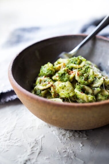 Orecchiette Pasta with Broccoli Sauce - a simple vegetarian pasta dish hailing from Tuscany that is easy to make, healthy and oh so delicious!| #Orecchiette #broccolipasta #orechiettepasta #broccolirecipes #vegetarian #pastarecipes #healthypastarecipes |www.feastingathome.com #feastingathome