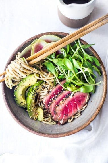 This healthy Tuna Noodle Bowl features sesame-crusted ahi tuna, soba noodles, crisp veggies, avocado, and a citrusy ponzu dressing. Fresh, flavorful, and easy to customize! Vegan-adaptable.