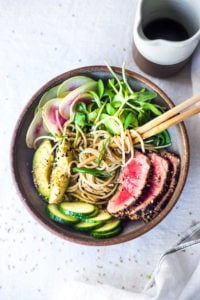 This healthy Tuna Noodle Bowl features sesame-crusted ahi tuna, soba noodles, crisp veggies, avocado, and a citrusy ponzu dressing. Fresh, flavorful, and easy to customize! Vegan-adaptable.