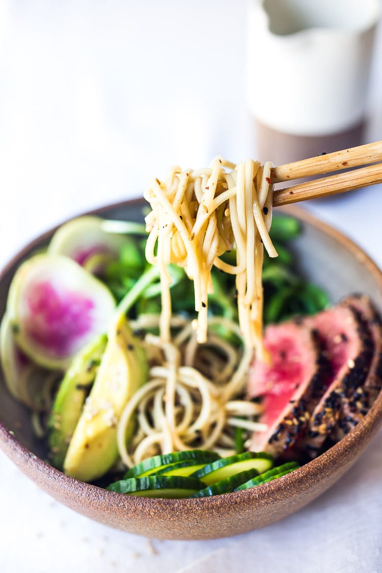 Zen Noodle Bowl- loaded up with fresh seasonal veggies and a delicious Ponzu Dressing, this healthy bowl can be made with seared ahi tuna or sesame ginger tofu. Vegan and Grain-free adaptable! ( Try it with zucchini noodles!) 