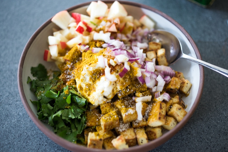 Vegan Curry Tofu Salad Wrap- Turned it into a hearty wrap, stuff into an avocado or served over a bowl of baby spinach. Flavorful and healthy! | www.feastingathome.com #currytofu