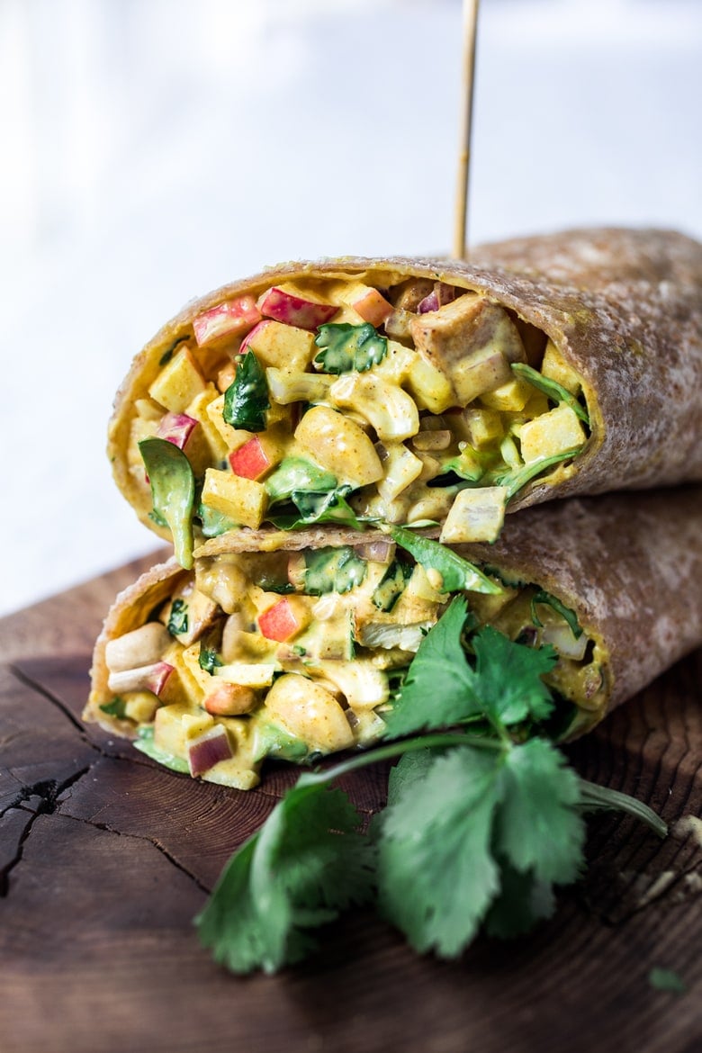 20 Healthy lunches!!! Vegan Curry Tofu Salad Wrap- Turn it into a hearty wrap, stuff into an avocado or served over a bowl of baby spinach. Flavorful and healthy! | www.feastingathome.com #currytofu #healthylunches #healthylunch #tofuwrap #tofusalad 