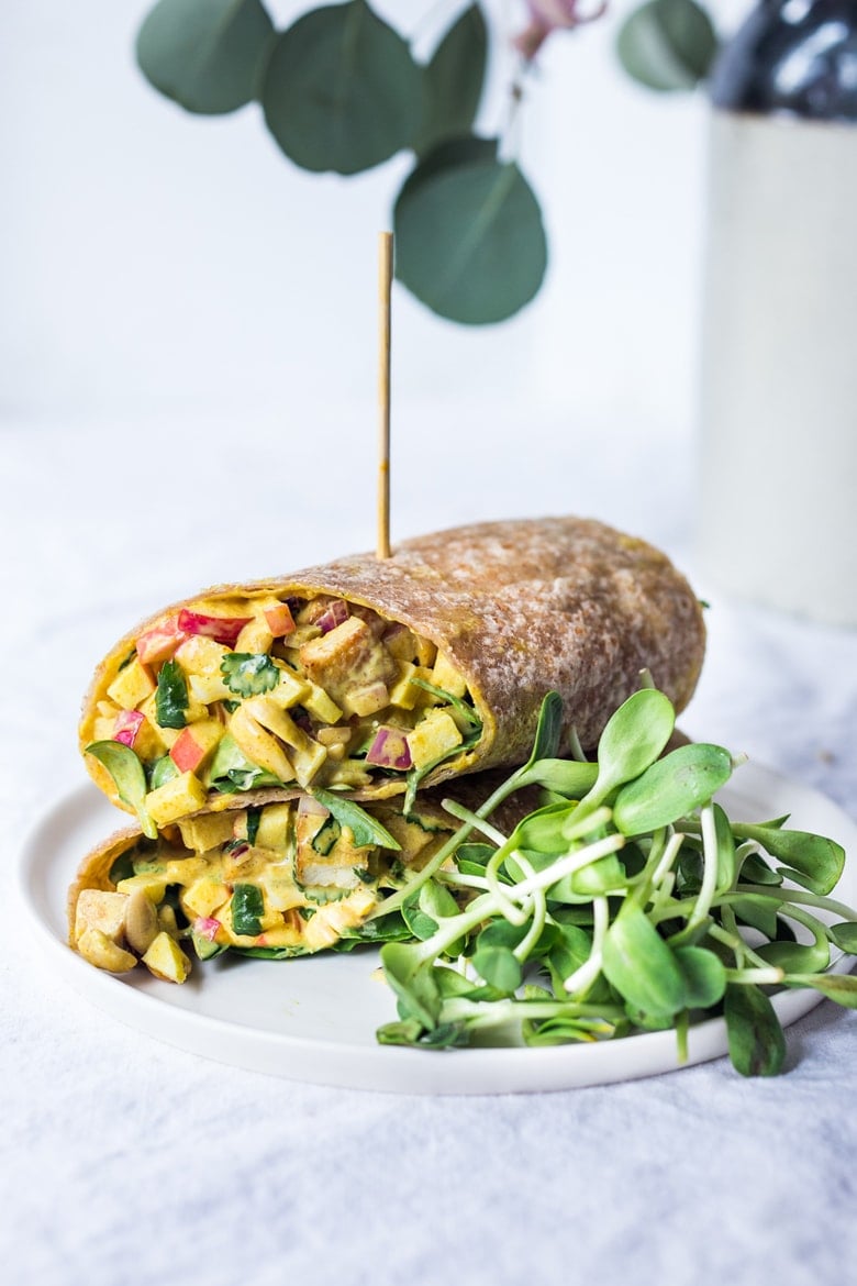 Vegan Curry Tofu Salad- Turn into a hearty wrap, stuff into an avocado or served over a bowl of baby spinach. Flavorful and healthy! | www.feastingathome.com #currytofu