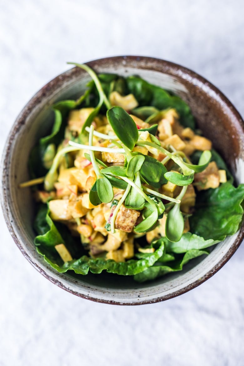 Vegan Curry Tofu Salad - Turn it into a hearty wrap, stuff into an avocado or served over a bowl of baby spinach. Flavorful and healthy! Delicious made-ahead for midweek lunches!
