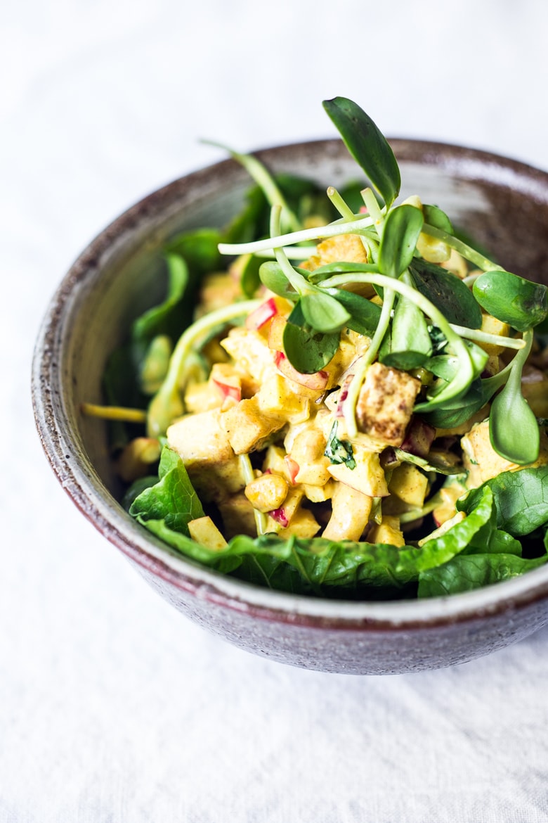 Vegan Curry Tofu Salad- Turn into a hearty wrap, stuff into an avocado or served over a bowl of baby spinach. Flavorful and healthy! | www.feastingathome.com #currytofu