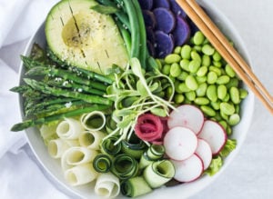 Green Goddess Bowl loaded up with spring veggies and a vegan green goddess dressing.