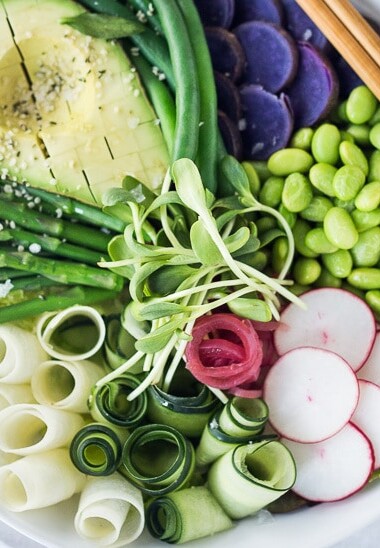 Green Goddess Bowl loaded up with spring veggies and a vegan green goddess dressing.