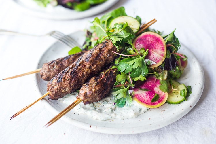 Grilled Lamb Kebabs with Herb Salad and Yogurt Sauce | Feasting At Home