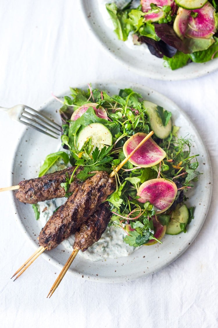 Grilled Lamb Kebabs with Herb Salad and Yogurt Sauce | Feasting At Home