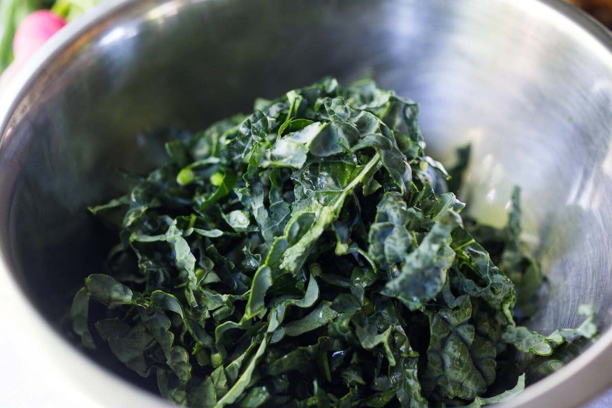 shredded lacinato kale in a bowl.