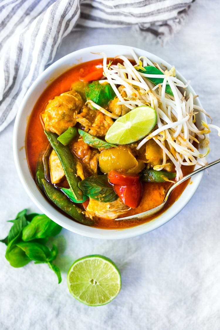 A simple delicious recipe for Instant Pot Thai Curry Chicken,  loaded up with your favorite seasonal veggies! This flavorful meal can be made in 25 minutes!  Serve it over rice, quinoa or even rice noodles - and save the leftovers for lunch! 