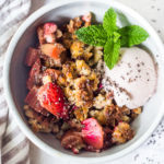 Maple-Sweetened Strawberry Rhubarb Crisp with Chia Seeds and a crumbly oat topping - a vegan, gluten-free dessert that highlights spring rhubarb. #vegan #glutenfree #crisp #rhubarb #rhubarbcrisp #rhubarbrecipes