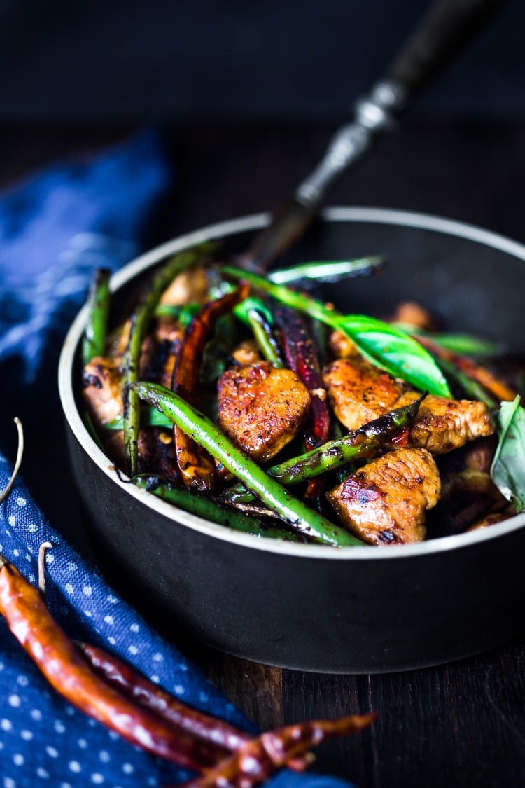 Fiery Burmese Chicken and Veggies- a fast and full-flavored, Burmese style stir-fry that can be made in 20 minutes. Vegan and Gluten-free adaptable, this meal is low in carbs. #burmesefood #burmesechicken #burmeserecipes #burma #stirfry #chicken #wok