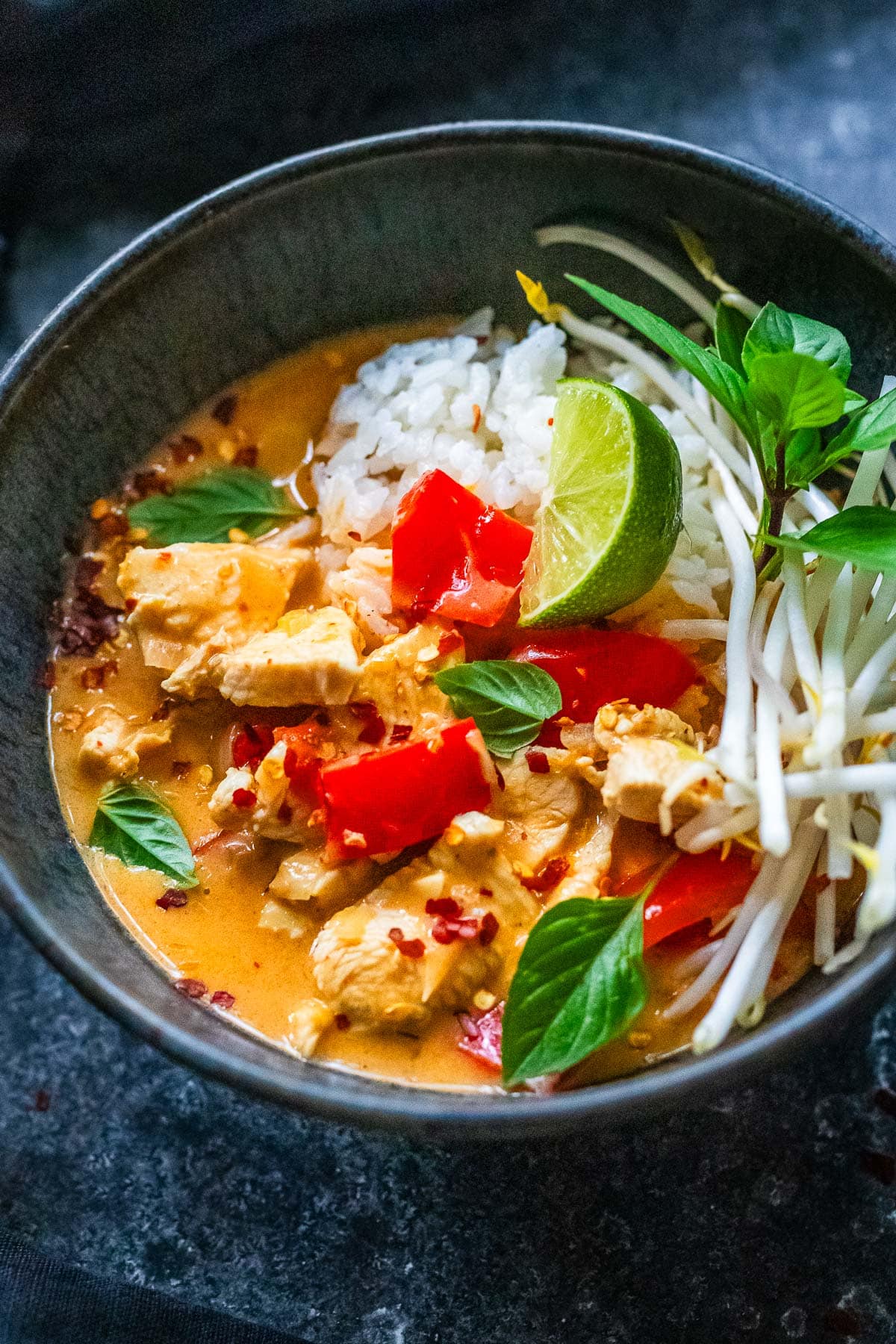 Thai red curry in a bowl.