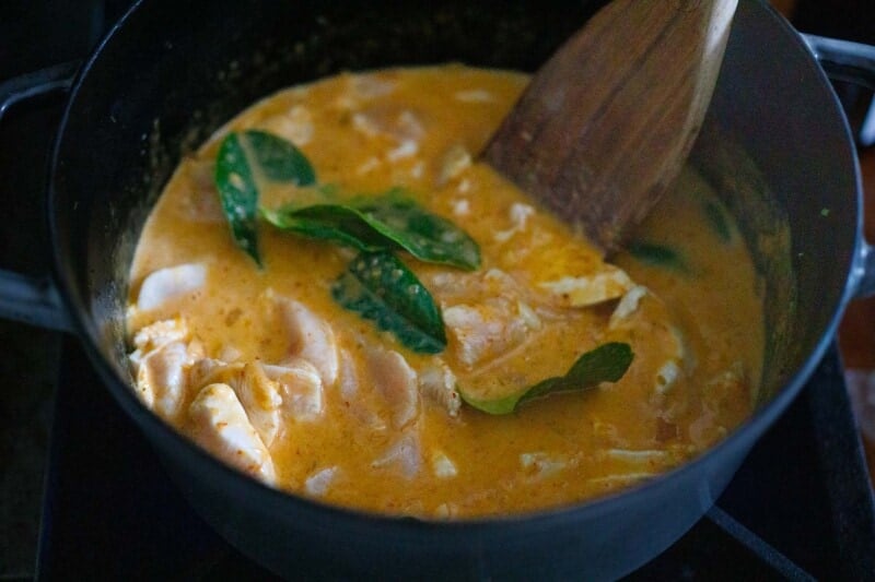 add the chicken to the curry. 