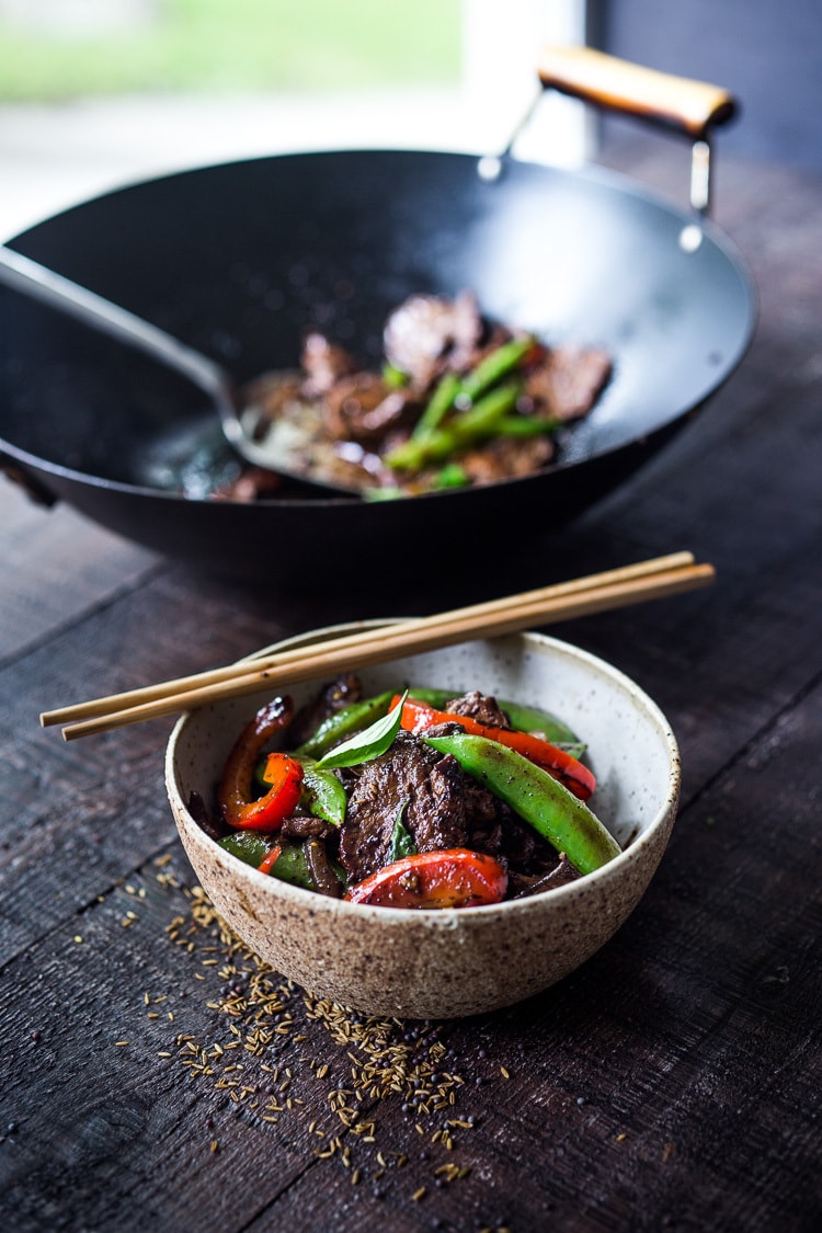 Burmese Chili Lamb with Cumin and Mustard Seeds- a delicious stir fry that utilizes seasonal veggies & comes together in under 30 mins. Delicious and EASY! #lamb #lambstirfry #stirfry #burmese #burma #lambreicpes