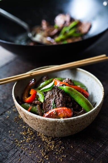 Burmese Chili Lamb with Cumin and Mustard Seeds- a delicious stir fry that utilizes seasonal veggies & comes together in under 30 mins. Delicious and EASY! #lamb #lambstirfry #stirfry #burmese #burma #lambreicpes