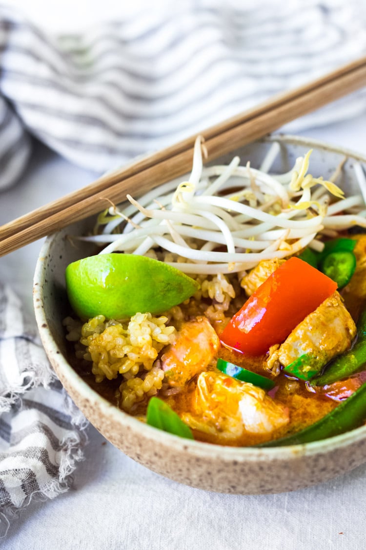 A simple delicious recipe for Instant Pot Thai Curry Chicken,  that can also be made on the stove top. This flavorful meal is full of healthy seasonal veggies and can be made in 25 minutes!  Serve it over rice, quinoa or rice noodles - and save the  amazing leftovers for lunch! 