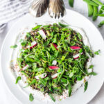 Lentil Salad with Spring Veggies, Mint and Yogurt Sauce -a delicious, healthy, Greek-inspired lentil salad recipe!  Vegan adaptable and Gluten-Free #lentils #lentilsalad #lentilsalad recipe #lentilrecipes #vegan #glutenfree