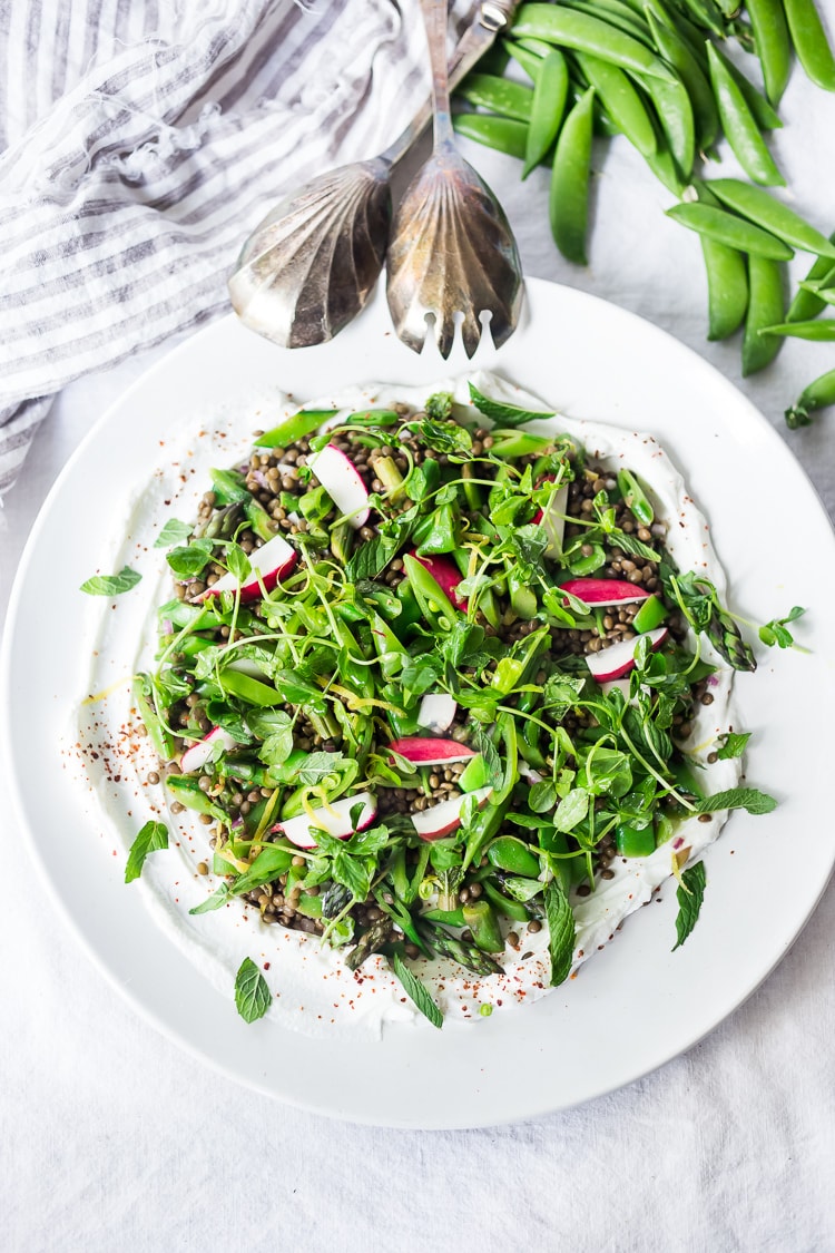Lentil Salad with Spring Veggies, Mint and Yogurt Sauce -a delicious, healthy, Greek-inspired lentil salad recipe! Vegan adaptable and Gluten-Free #lentils #lentilsalad #lentilsalad recipe #lentilrecipes #vegan #glutenfree