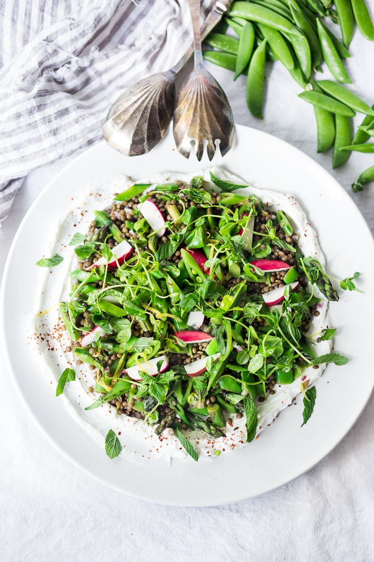 Lentil Salad with Spring Veggies, Mint and Yogurt Sauce -a delicious, healthy, Greek-inspired lentil salad recipe!  Vegan adaptable and Gluten-Free #lentils #lentilsalad #lentilsalad recipe #lentilrecipes #vegan #glutenfree