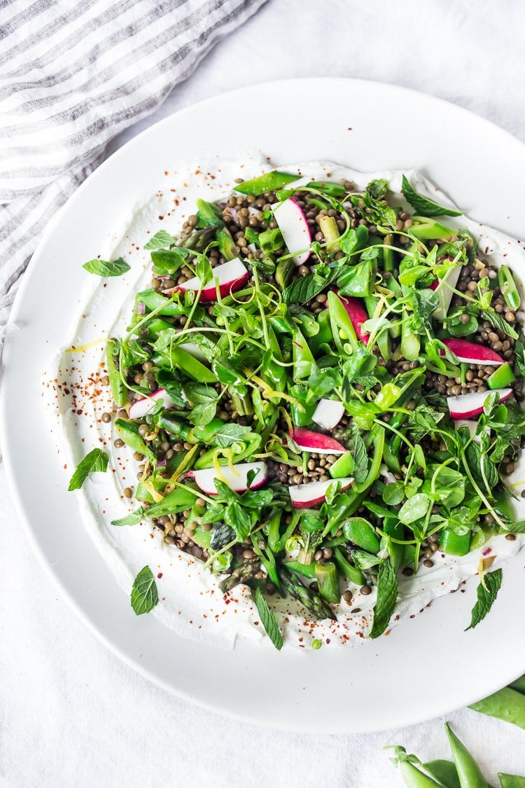 Lentil Salad with Spring Veggies, Mint and Yogurt Sauce -a delicious, healthy, Greek-inspired lentil salad recipe!  Vegan adaptable and Gluten-Free #lentils #lentilsalad #lentilsalad recipe #lentilrecipes #vegan #glutenfree