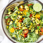 Summer Pasta Salad w/ Grilled Zucchini, Corn and Cilantro Pesto is made with gluten-free rice noodles and loaded up with healthy summer veggies, then tossed in the most flavorful Cilantro Pesto.... deliciously addicting! Vegan and Gluten-free! #summerpastasalad #pastasalad #cornpasta #cilantropesto #zucchinipasta #zucchini #potluck