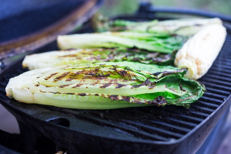 Healthy delicious, Grilled Romaine Salad with Corn, Fava Beans and Avocado - a light and refreshing summer meal. Keep it vegan or add grilled shrimp for added protein. Either way, it's sure to be your new favorite salad. Don't have access to fresh Fava beans? No worries, sub edamame! #grilledromaine #salad #romaine #fava #avocado #grilled #vegan 