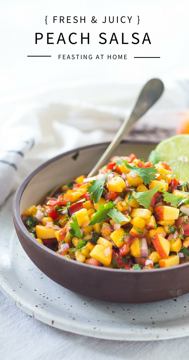 Fresh Peach Salsa Recipe - bursting with summer flavor! Delicious on its own with chips or serve over grilled fish or chicken. Simple and EASY, make this when peaches are at their peak of flavor -fresh, juicy and ripe. #peachsalsa #peaches #peach #salsa #peachrecipe #peachsalsarecipe #salsarecipe #easy #fresh