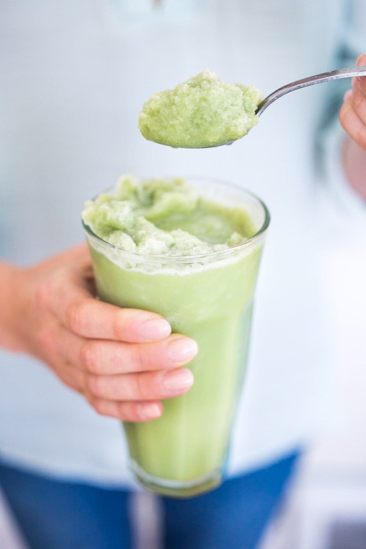 Cool and refreshing, Frozen Matcha Green Tea Slushies are just what the doctor ordered on these hot summer days! Made with Almond Milk, these vegan, blended, Iced Green Tea Lattes, are healthy, Low-carb, Low-calorie! #keto #paleo #vegan #slushy #slushie #greentea #matcha #latte 