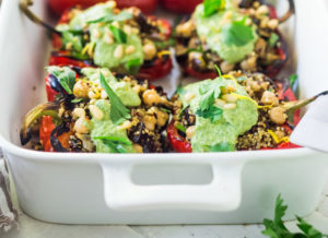 Stuffed Peppers with Quinoa, Eggplant and Chickpeas with Zhoug Yogurt