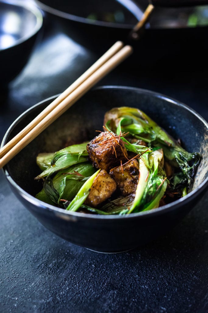 A simple delicious recipe for Black Pepper Tofu with Bok Choy - a tasty vegan meal that can be made in under 30 minutes! 