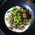Grilled Eggplant Salad with Freekeh, fresh herbs and a tangy yogurt dressing. A delicious Middle Eastern salad that can be made ahead. Vegan adaptable! #freekeh #eggplantsalad