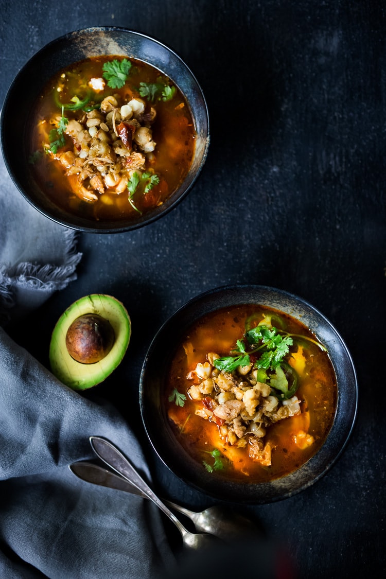 A simple easy recipe for Chicken Pozole that can be made in an Instant Pot or on the stove top. A healthy, delicious, Mexican-inspired weeknight dinner that can be made in 30 minutes! Gluten-free! #instapot #instantpot #pozole #chickenpozole #rojo #weeknightdinner #mexican #healthy 
