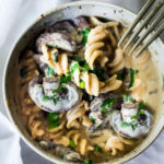 Instant Pot Mushroom Stroganoff - a simple, easy vegetarian weeknight dinner that is creamy, hearty and full of delicious depth and flavor! Vegan Adaptable! #vegetarian #stroganoff #mushroompasta #veganpasta #instantpotrecipes #instantpot #healthtypasta