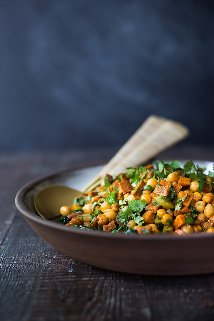 Roasted Moroccan Sweet Potato Salad is bursting with flavor! Healthy, vegan and gluten-free, it is EASY to make! Can be made ahead. #sweetpotato #sweetpotatosalad #roastedsweetpotatosalad #roastedsweetpotatosalad #moroccansalad #moroccansweetpotato #vegansalad #potlucksalad #nomayo #healthysalad