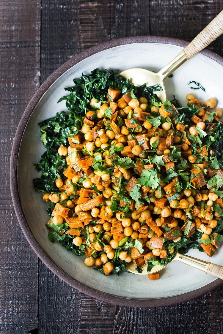 Moroccan Chickpea & Sweet Potato Salad is bursting with flavor! Healthy, vegan and gluten-free, it is EASY to make! Can be made ahead. #sweetpotato #sweetpotatosalad #roastedsweetpotatosalad #roastedsweetpotatosalad #moroccansalad #moroccansweetpotato #vegansalad #potlucksalad #nomayo #healthysalad