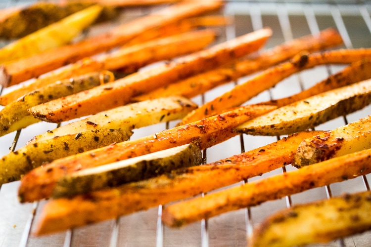 baking sweet potato fries on a wire rack