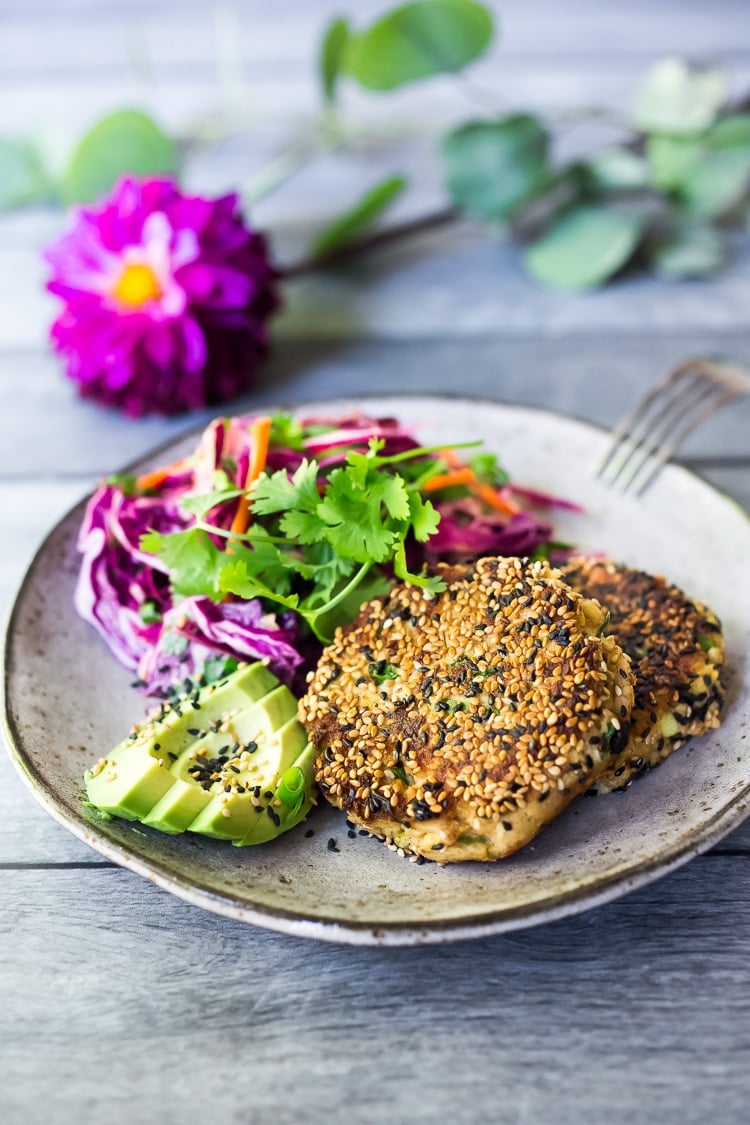 Salmon Patties coated with sesame seeds 