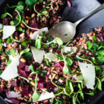 Beet and Farro Salad | A simple fall-inspired recipe for Farro Salad with Beets and their tops! This healthy, vegan adaptable salad can be made ahead for midweek meals and can be served warm or chilled. #beetsalad #fallsalad #vegansalad #farrosalad #farro #beets