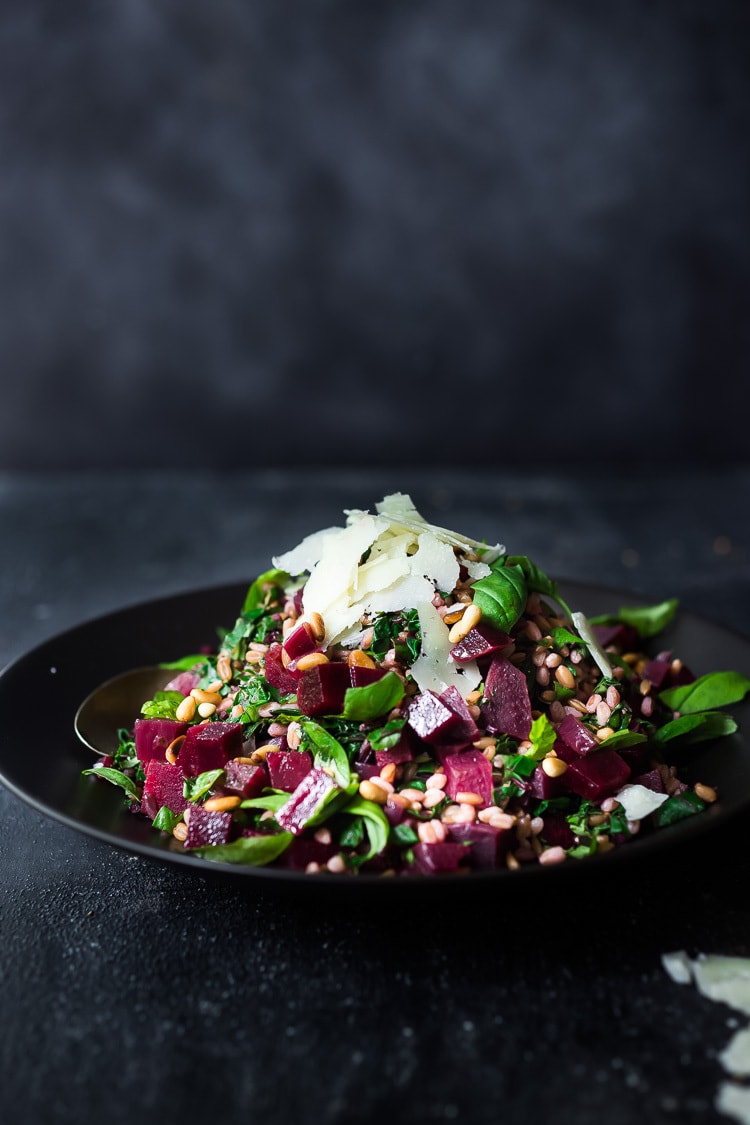 Beet and Farro Salad | A simple fall-inspired recipe for Farro Salad with Beets and their tops!  This healthy, vegan adaptable salad can be made ahead for midweek meals and can be served warm or chilled. #beetsalad #fallsalad #vegansalad #farrosalad #farro #beets