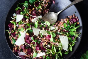 Beet and Farro Salad | A simple fall-inspired recipe for Farro Salad with Beets and their tops!  This healthy, vegan adaptable salad can be made ahead for midweek meals and can be served warm or chilled. #beetsalad #fallsalad #vegansalad #farrosalad #farro #beets