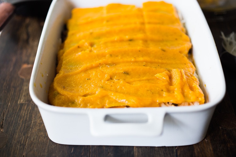 Butternut sauce over the lasagna noodles.