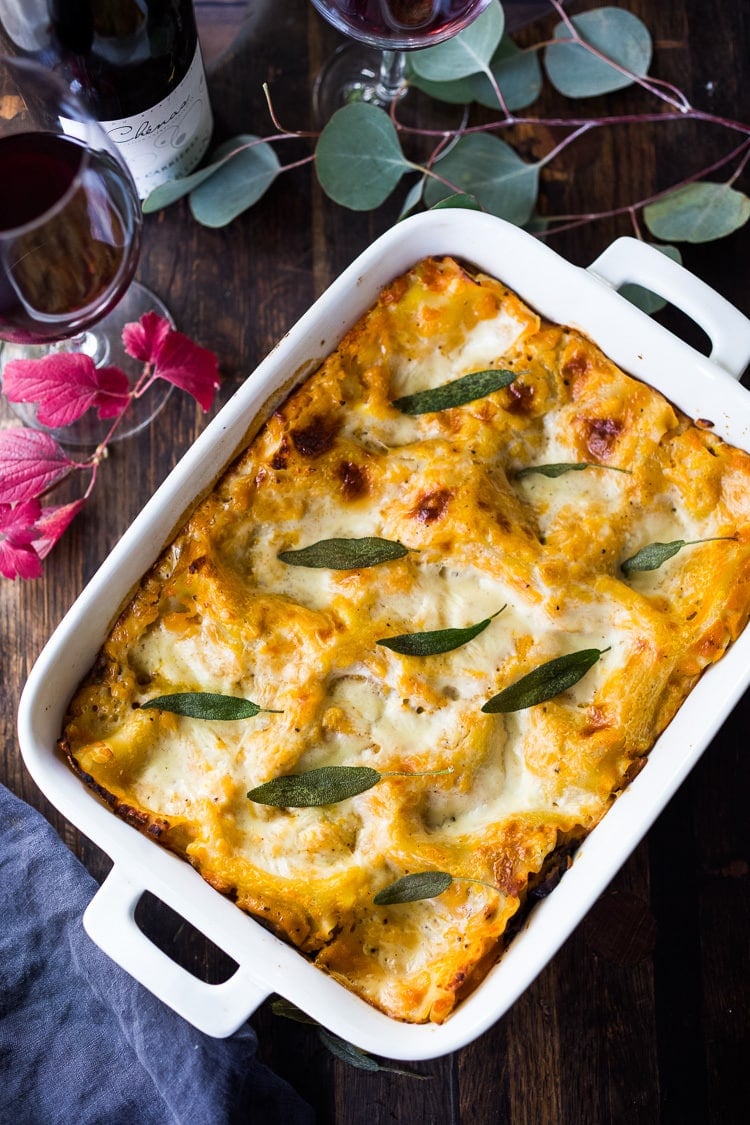 Butternut Lasagna with Wild Mushrooms and Sage- a delicious vegetarian or vegan main dish, perfect for the holiday table! Can be made ahead! #butternutlasagna #veganlasagna #veganthanksgiving #veganmaindish #vegetarianmaindish #mushroomlasaga #veganchristmas #vegandinner #plantbased #cleaneating